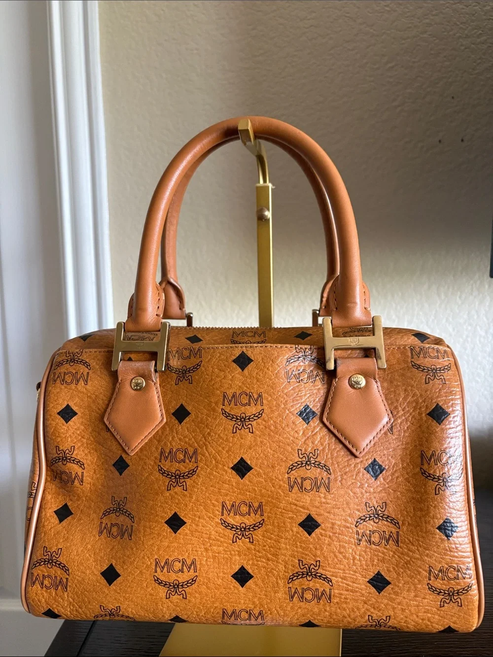 MCM COGNAC VISETOS BOSTON SATCHEL / TOP HANDLE BAG